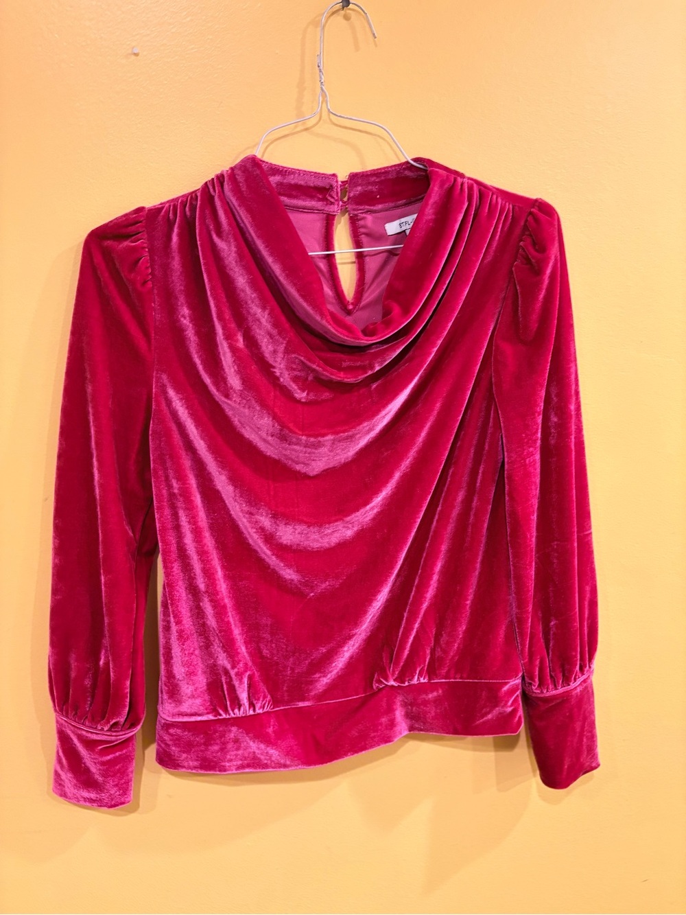 Cowl-Neck Velvet Long Sleeve Top - Hot Pink